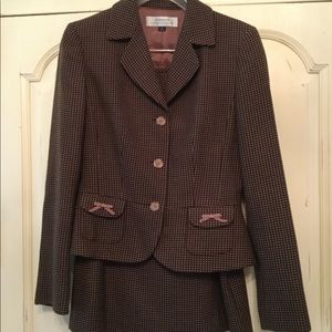 Brown and pink polka dot jacket and skirt